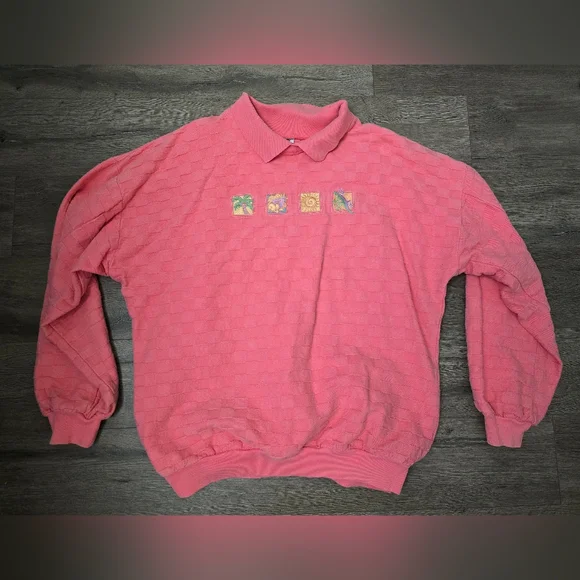 VTG Crazy Shirt Hawaii Collared Sweatshirt Pink Coral Textured Womens Size Med - Picture 1 of 9